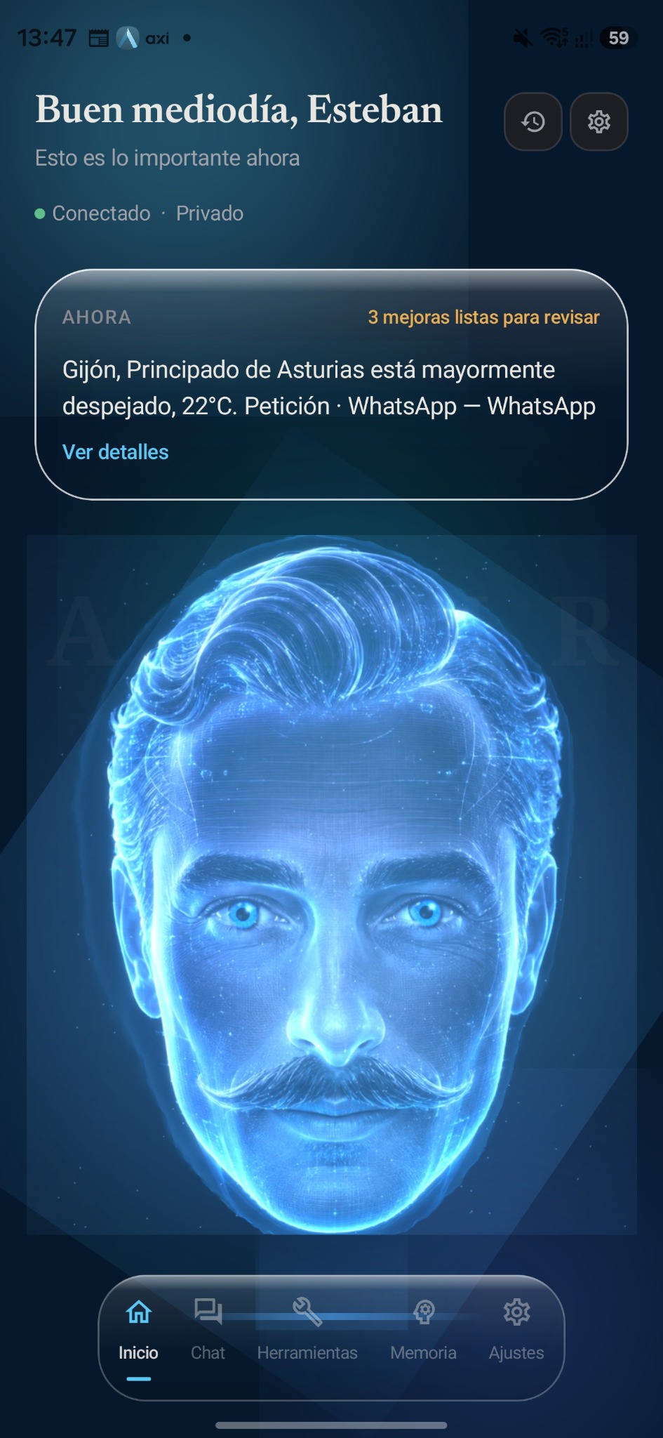 Inicio de Astur con avatar azul de apariencia holográfica
